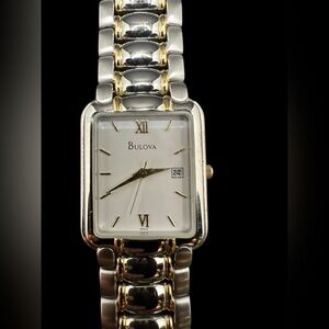 Bulova Two-Tone Silver and Gold Rectangular Dress Watch. New old stock